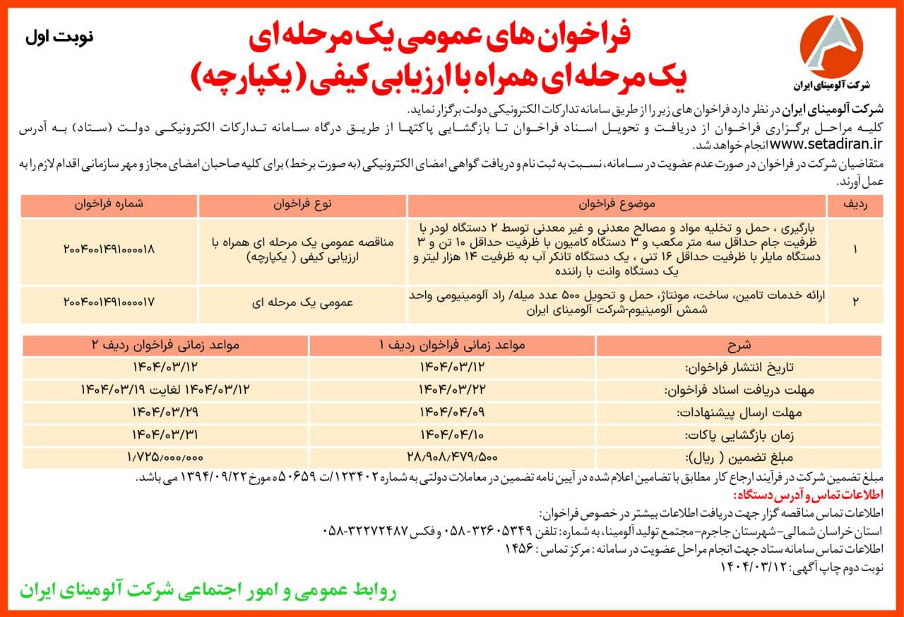 آگهی مناقصات شرکت آلومینای ایران